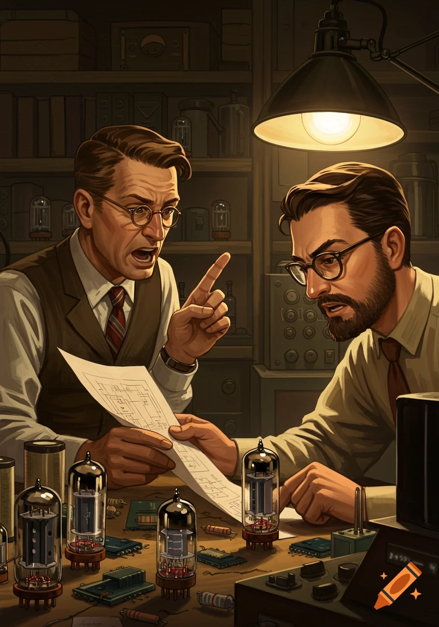 Two scientists debating over circuit diagrams and vacuum tubes in a workshop.