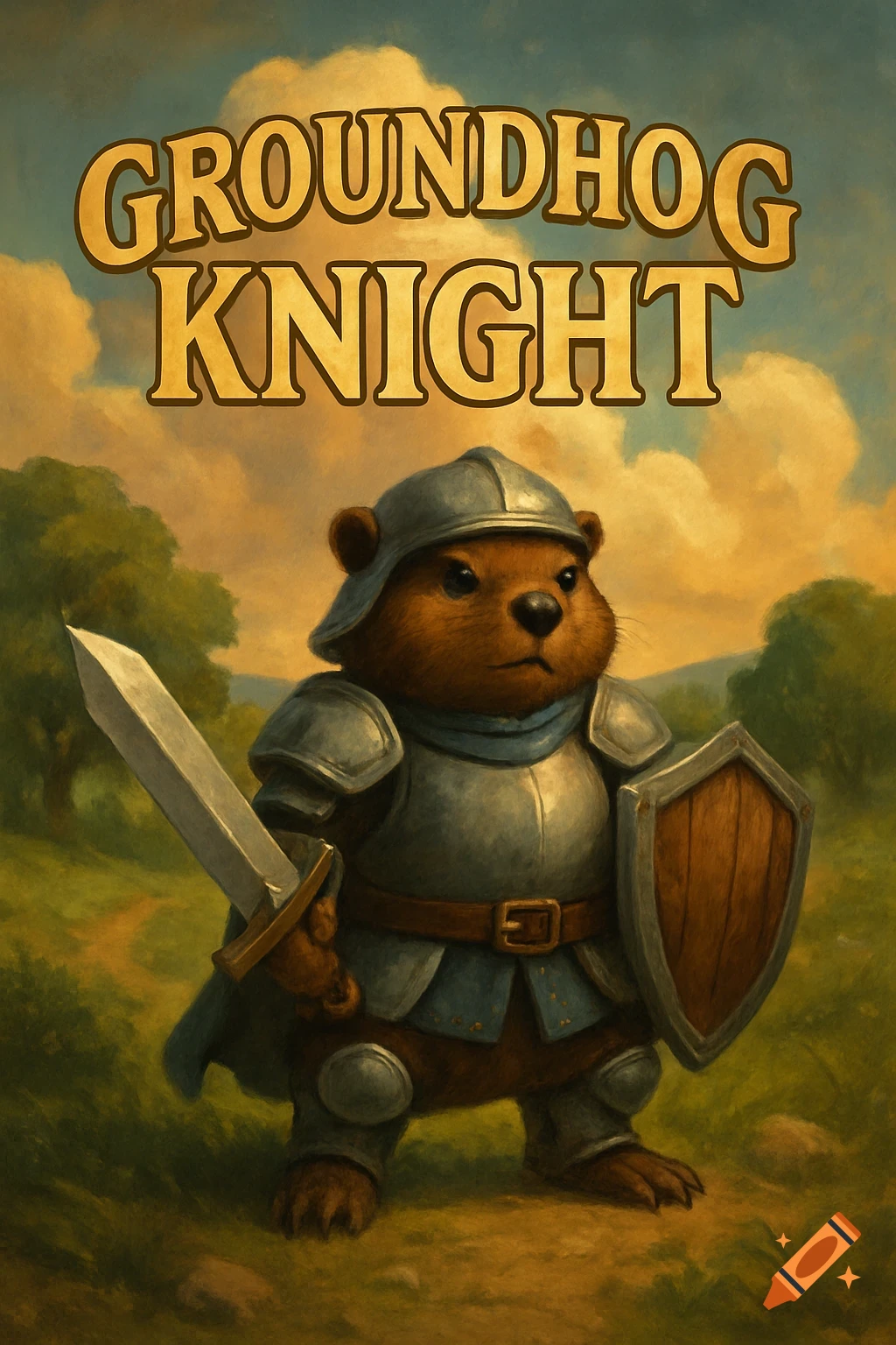 A groundhog is dressed in armor and holds a sword and shield. The title "GROUNDHOG KNIGHT" appears above the image.