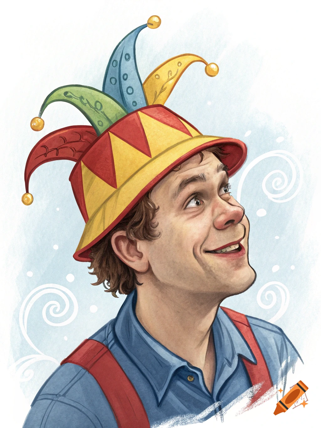 Illustration of a man wearing a colorful jester hat, looking up and smiling.