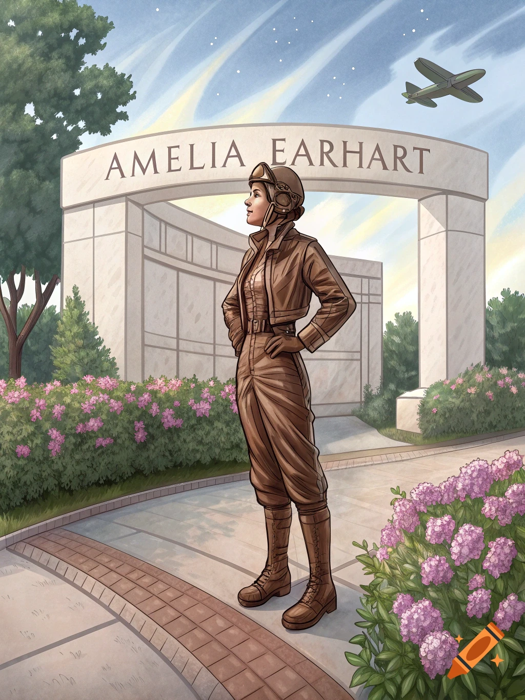 Illustration of a woman dressed as Amelia Earhart standing before a monument with her name on it, an airplane flies above.