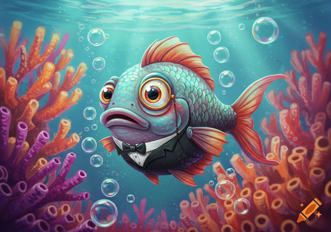 Cartoon fish in a suit and monocle swims among colorful coral reefs underwater.