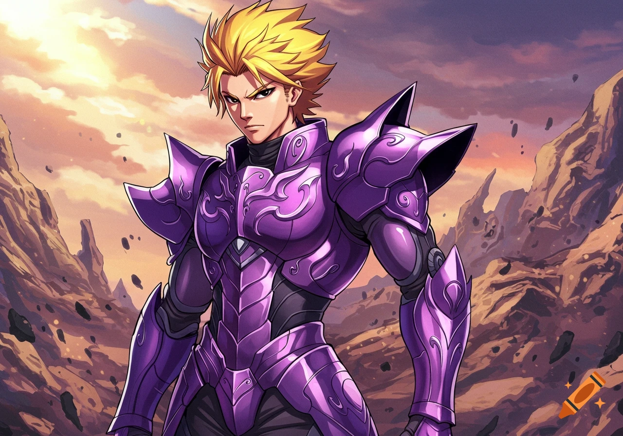 Anime character in purple armor stands in a rocky landscape at sunset.