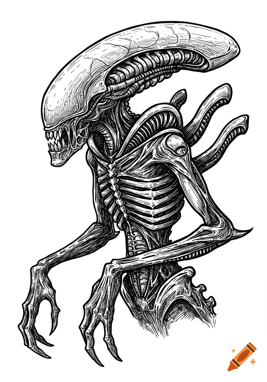 Black and white line drawing of an alien creature, resembling a Xenomorph.