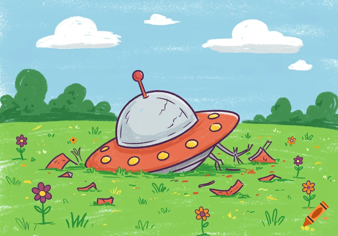 Cartoon illustration of a crashed UFO in a grassy field with flowers and clouds.
