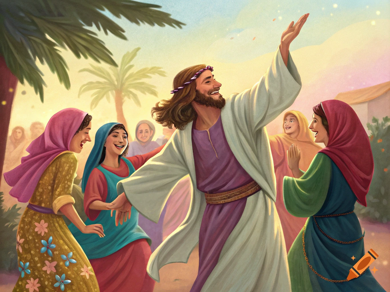 Oil painting shows Jesus with a crown of thorns dancing joyfully with several women.