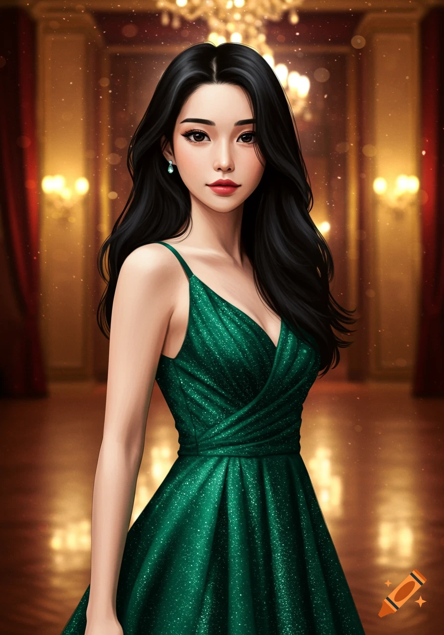 A woman in a sparkly green evening gown in a formal setting.