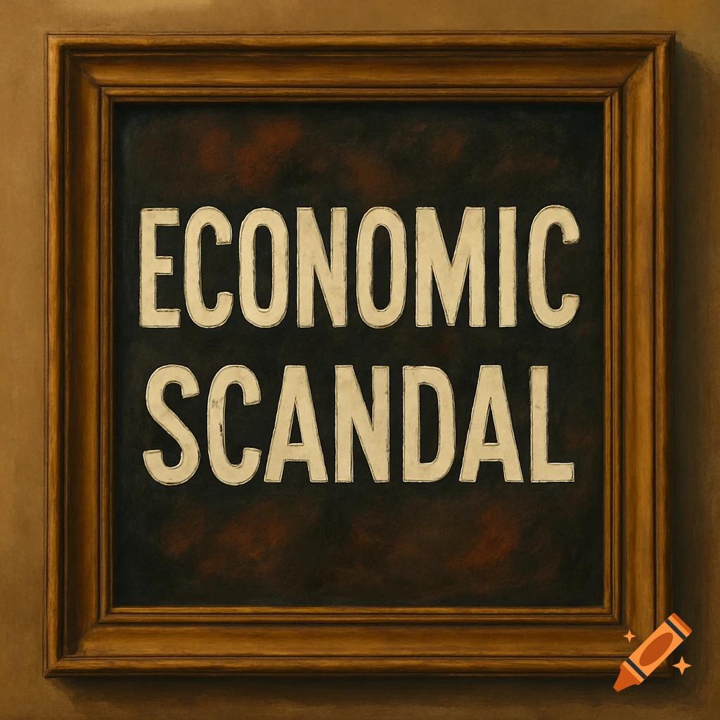 The words "ECONOMIC SCANDAL" displayed in a wooden picture frame.
