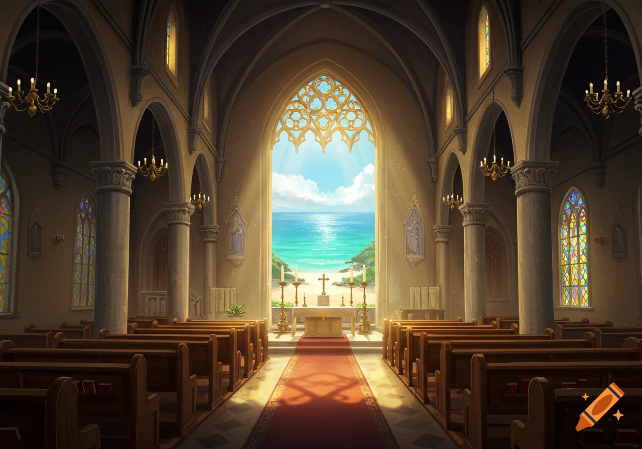 Interior of a church looking out through a large window at a sunny beach and the sea.