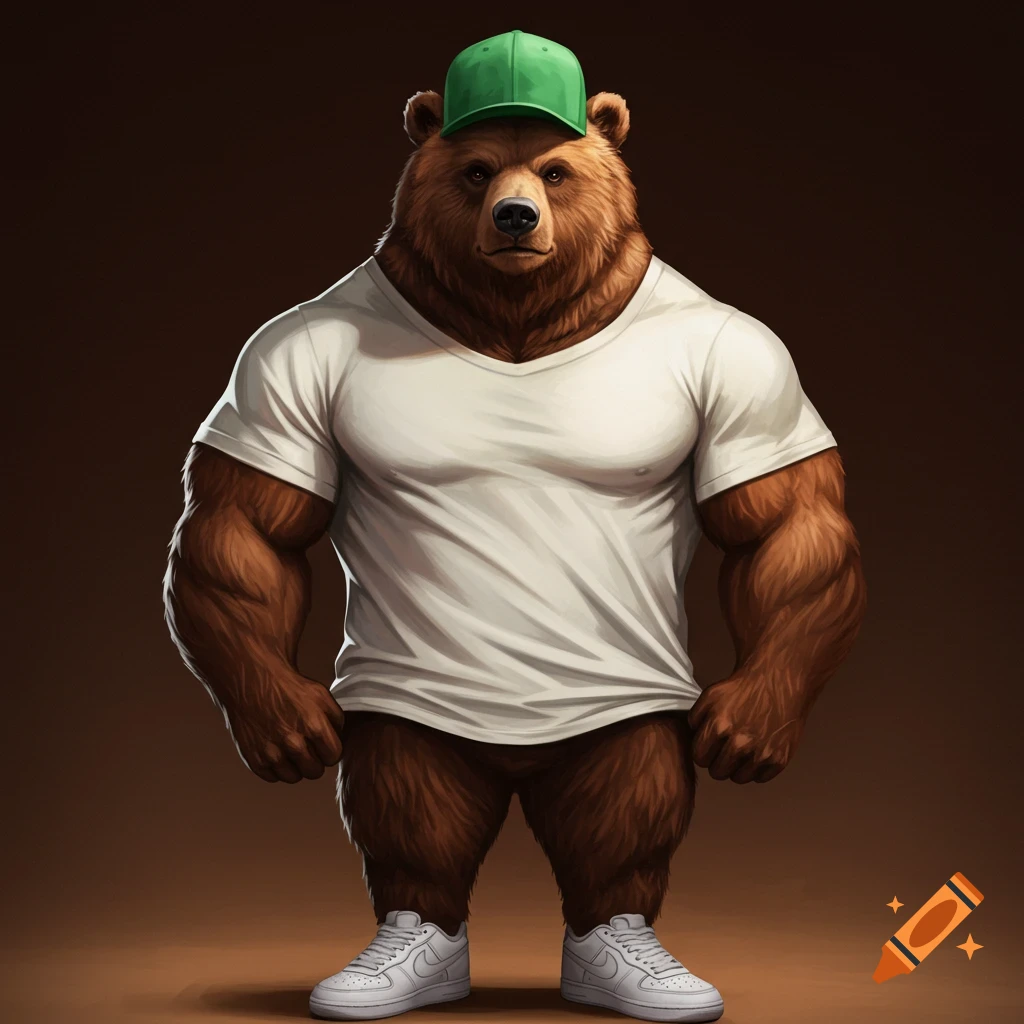 A muscular brown bear wearing a green baseball cap, white t-shirt, and white sneakers.