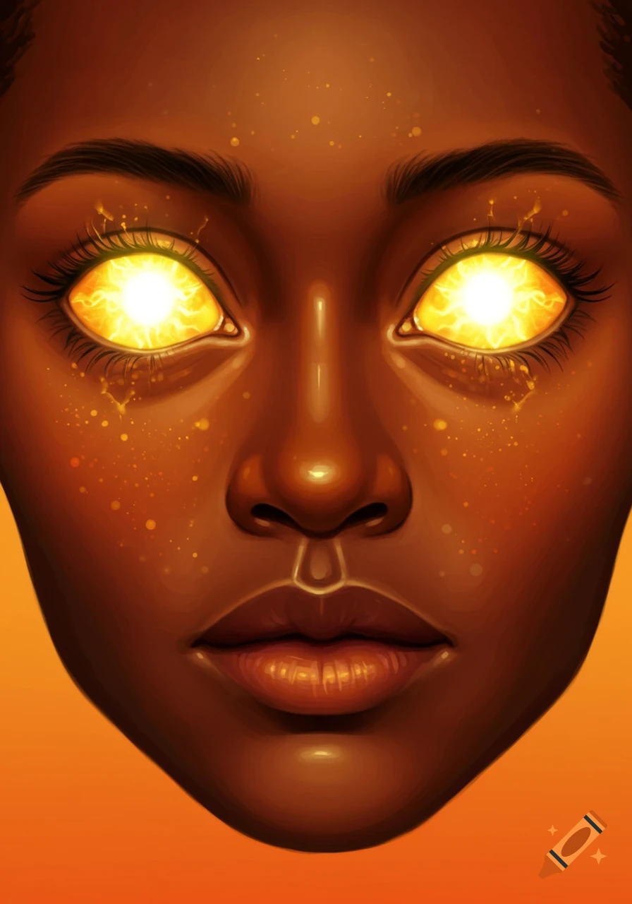 Close-up of a face with glowing yellow sun-like eyes.