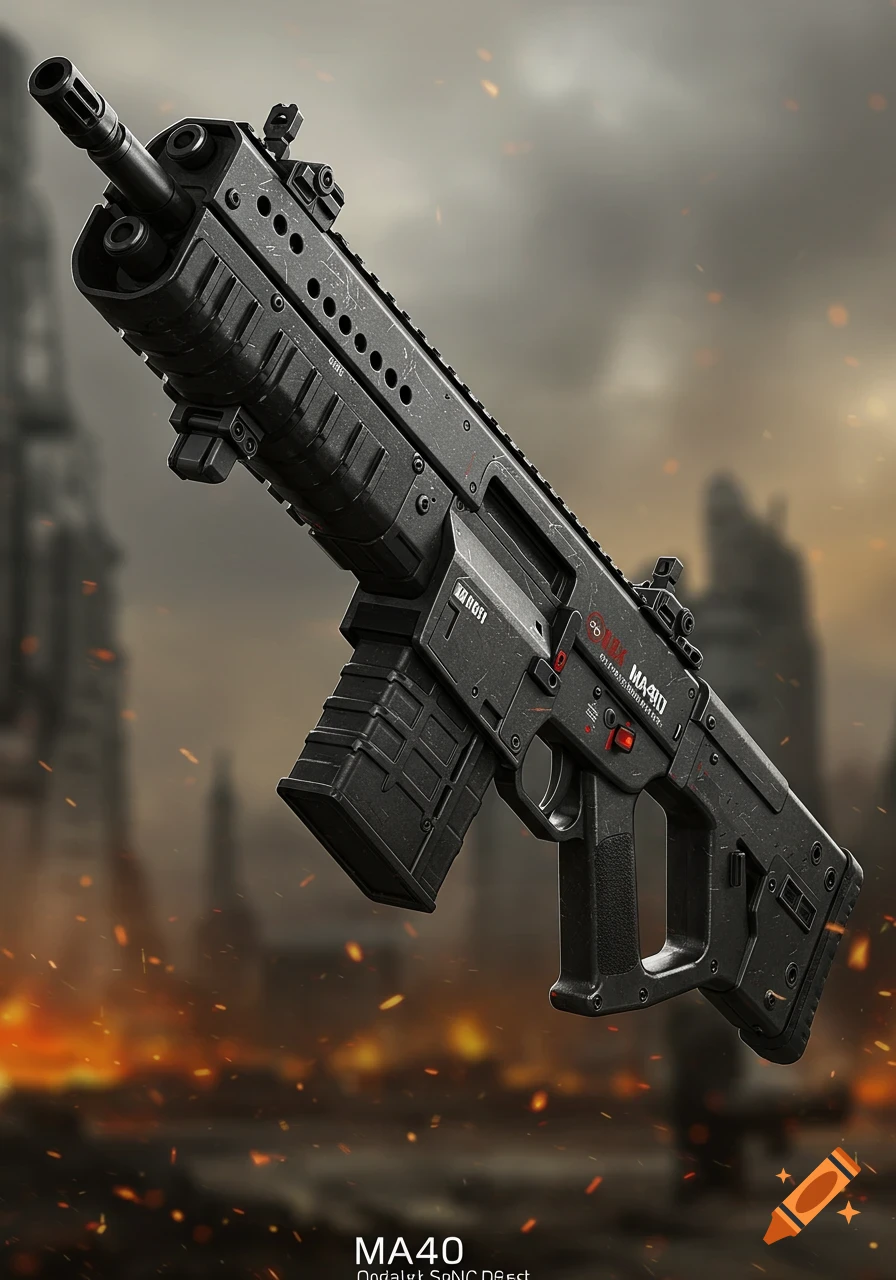 A detailed futuristic assault rifle, the MA40, floats in a hazy, ruined city environment with orange particles and fire.