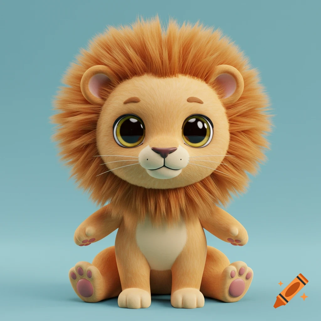 A cute 3D rendered cartoon lion with a large mane sits on a blue background.