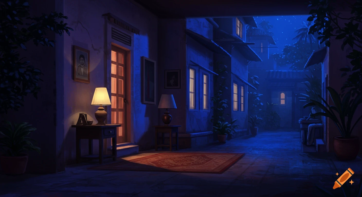 A dimly lit courtyard at night with lamps, plants, and buildings under a starry sky, digital art style.