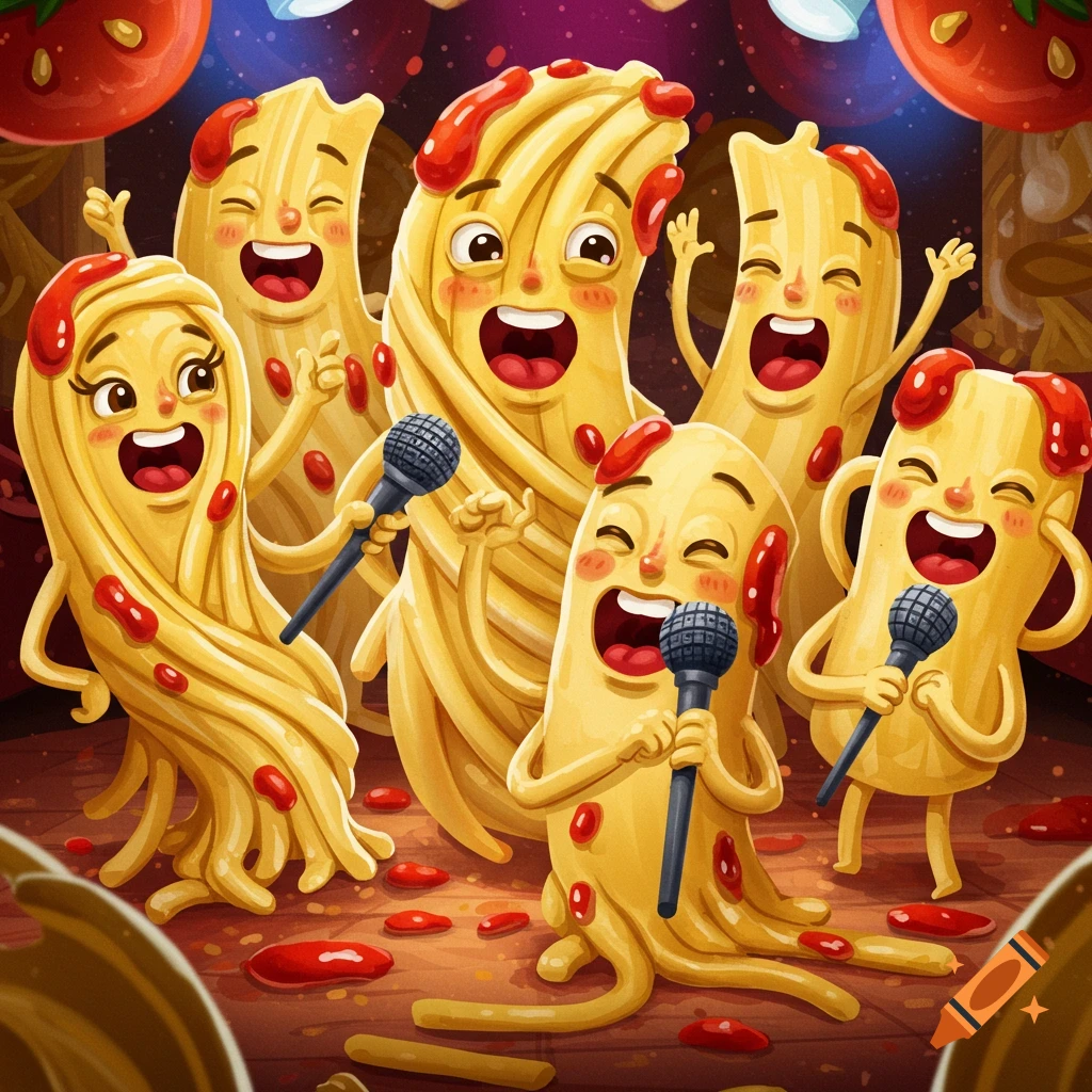 Cartoon spaghetti noodles singing with microphones.