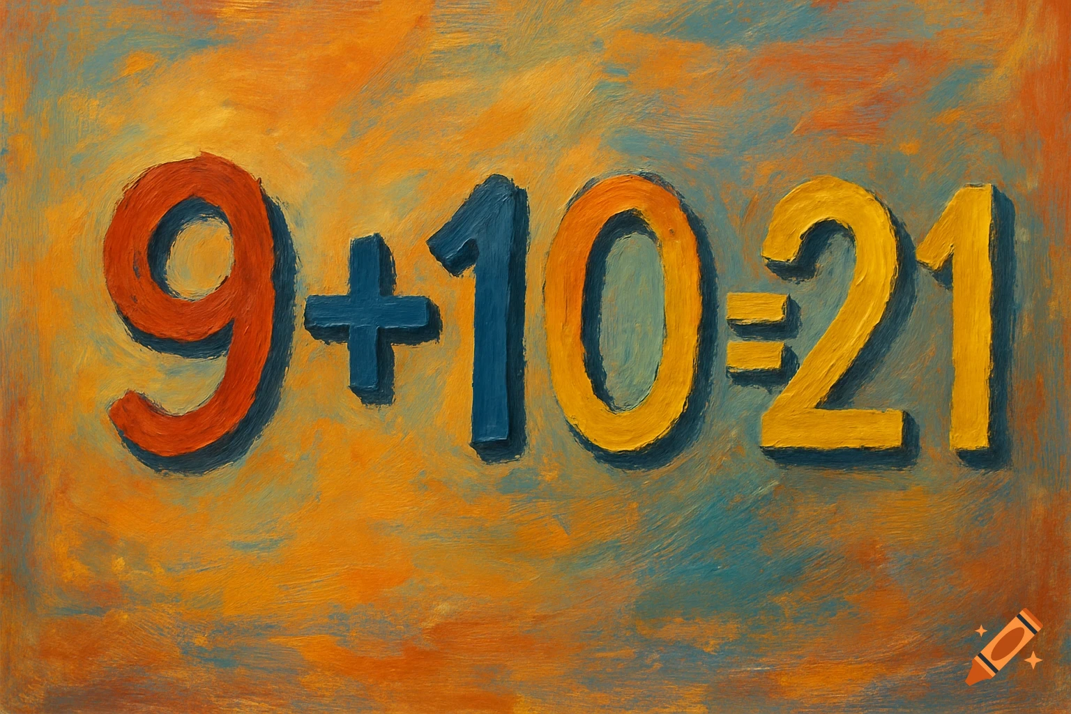 The equation 9+10=21 rendered in colorful, painterly numbers