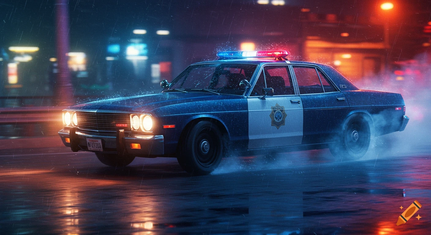 A police car drifting through rain at night.