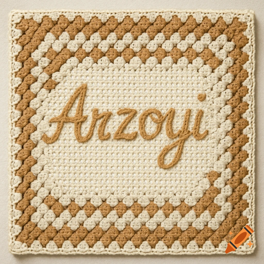 A crochet blanket in tan and white with the name Arzoyi stitched on it.