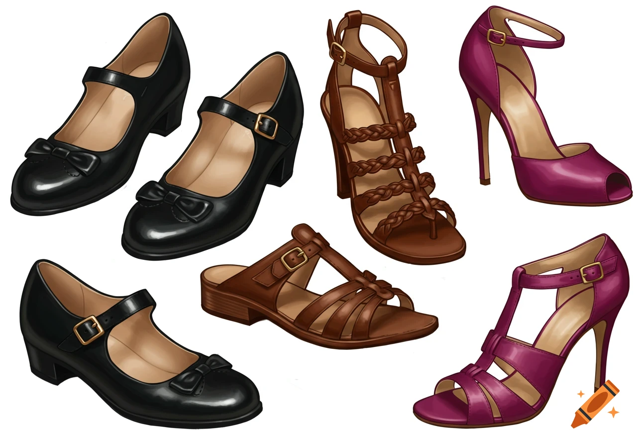 Black Mary Jane shoes, brown sandals, and purple high heels.