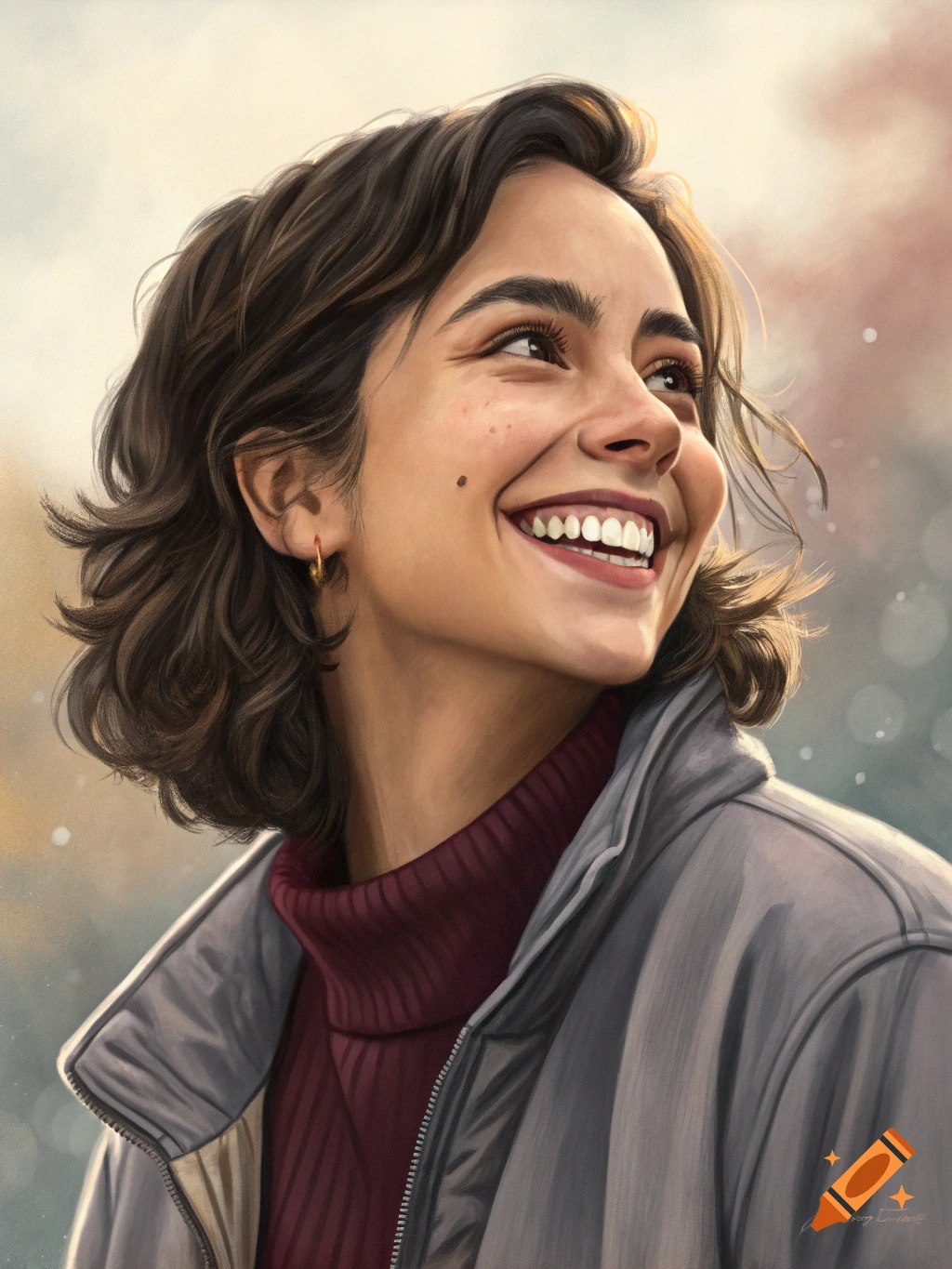 An illustration of a young woman with short brown hair smiling and looking up while wearing a grey jacket and red turtleneck.