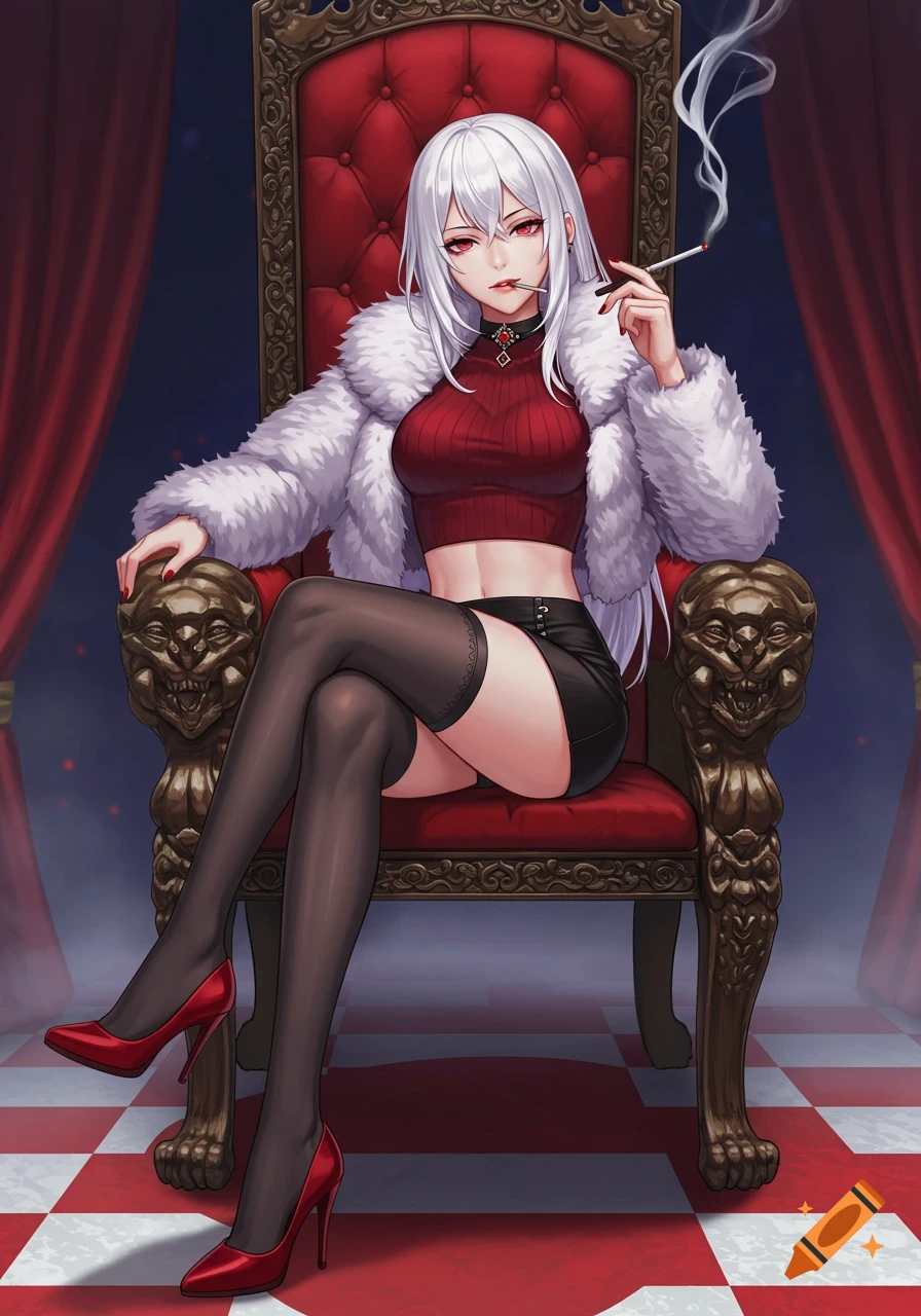 Anime illustration of a white-haired woman in a red top and black skirt on a throne, smoking.