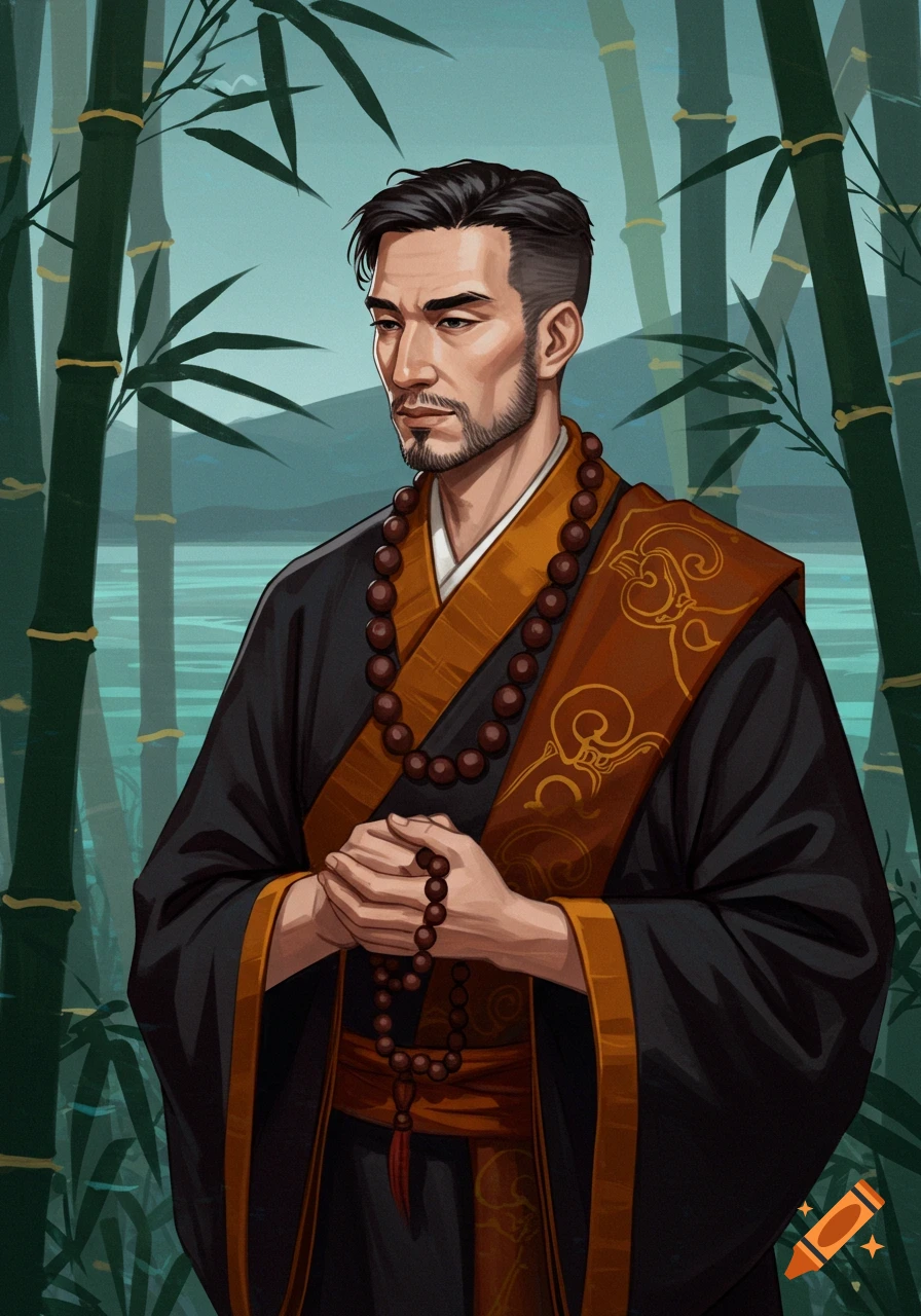A man in dark robes and beads, standing in a bamboo forest.