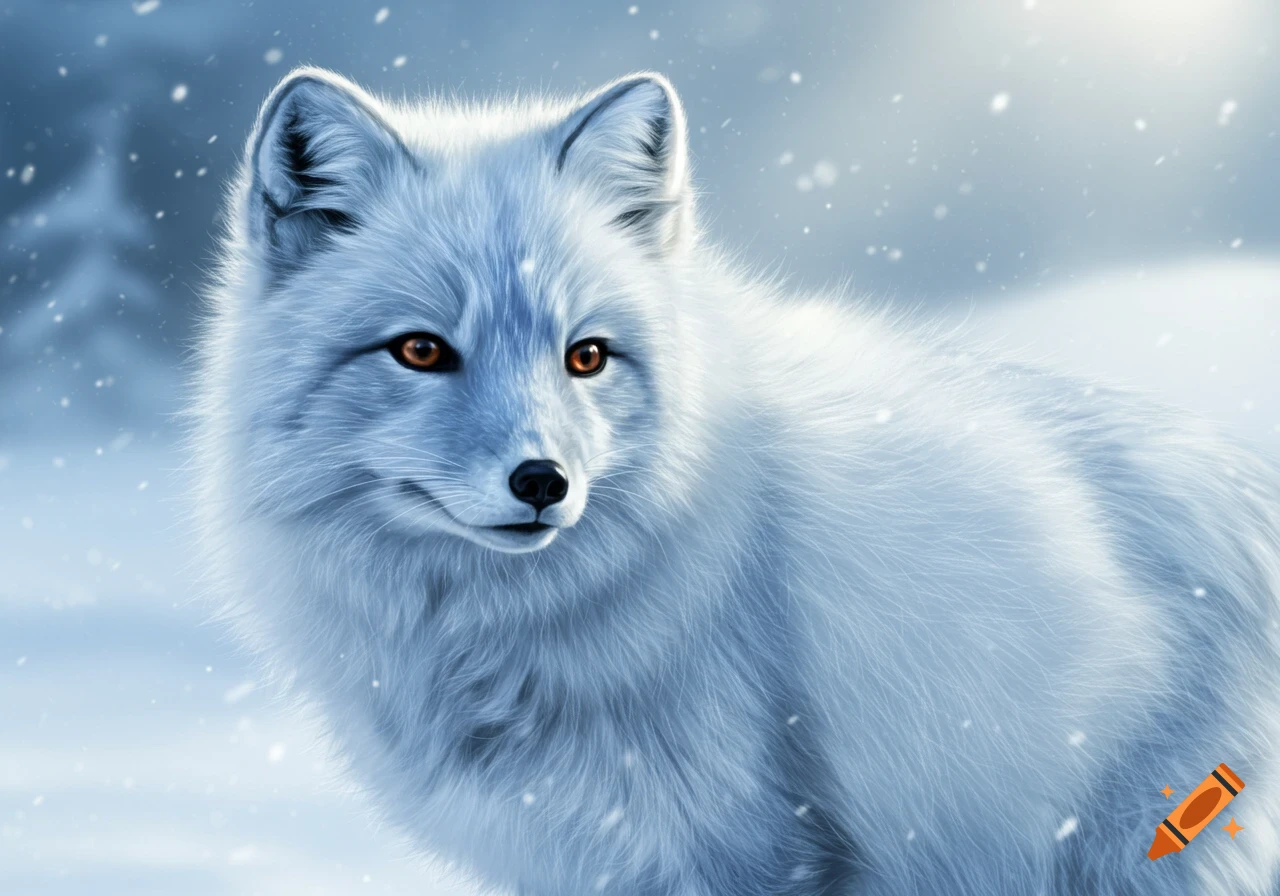 An arctic fox is sitting in the snow with falling snowflakes.