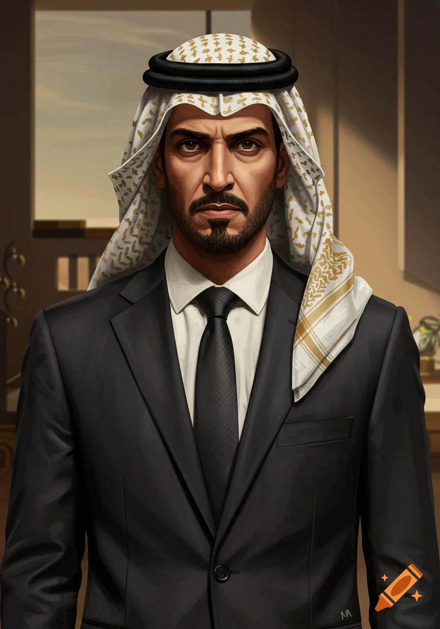 Painting of a man in a suit and traditional Arab headdress.