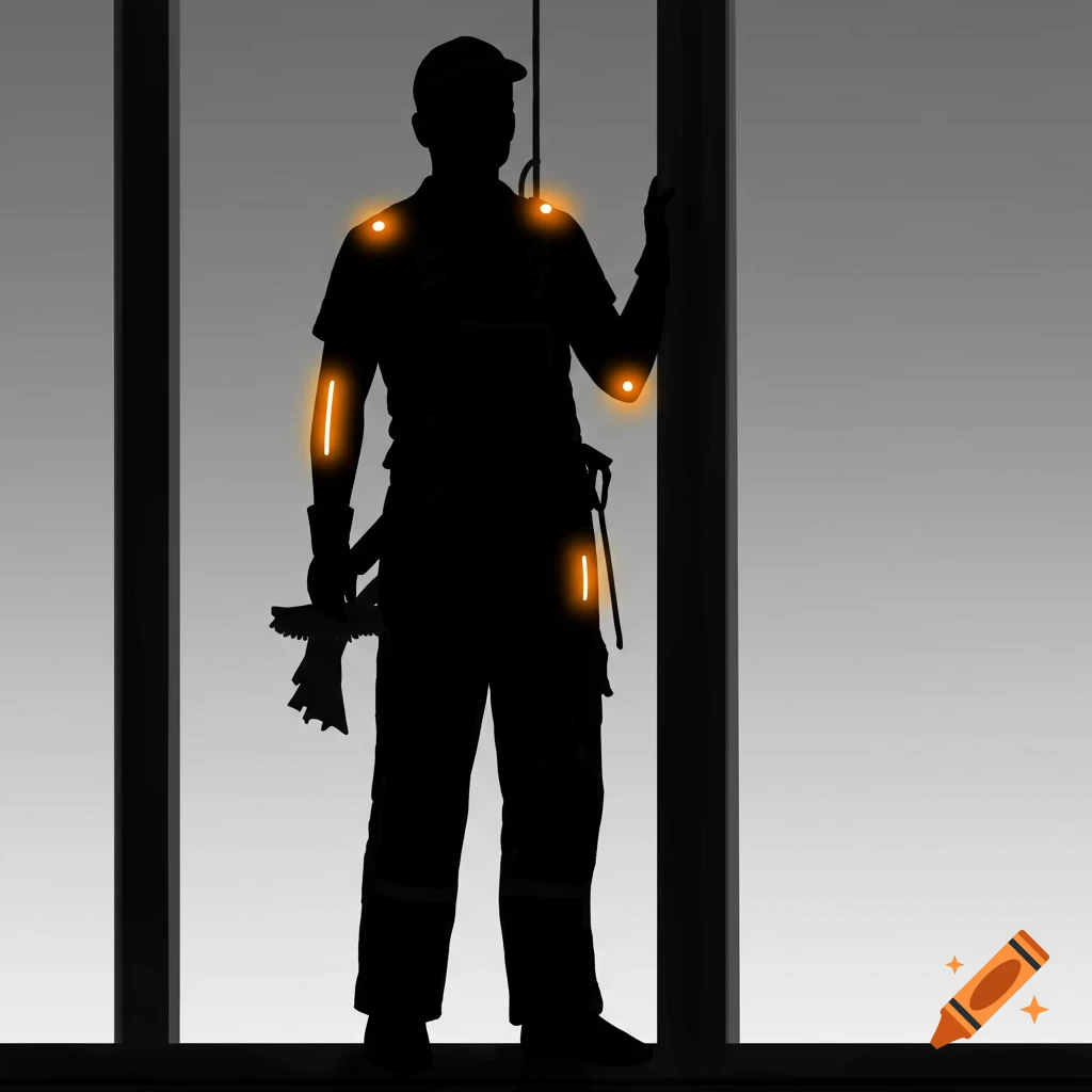 Silhouette of a window cleaner standing by windows with glowing orange highlights