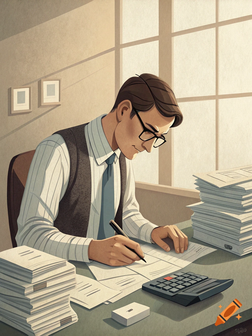 Illustration of a man working at a desk with papers and a calculator.