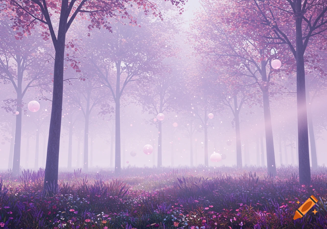 Dreamy pastel fantasy forest with mist, pink trees, purple flowers, and floating glowing orbs.
