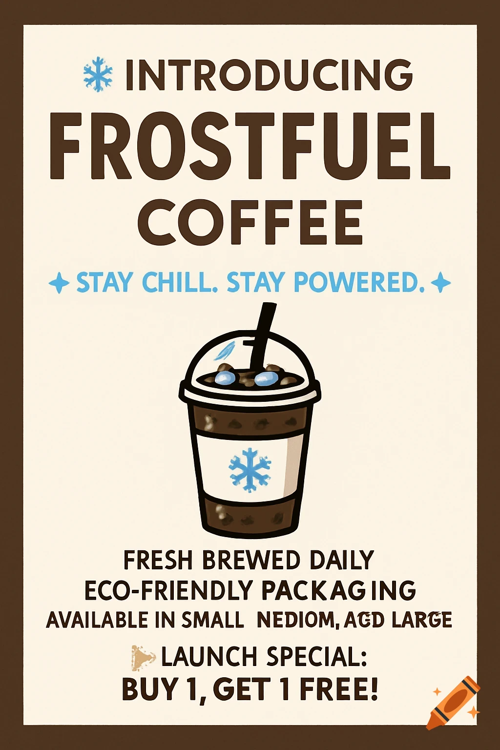 Promotional flyer for FrostFuel Coffee featuring an iced coffee cup and text about the product and a buy one get one free offer.