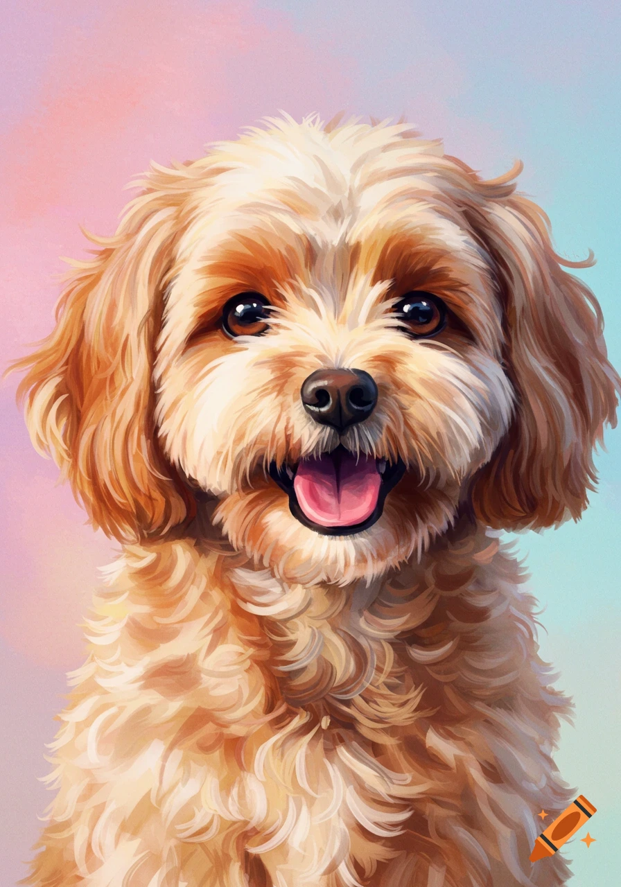 Fluffy happy cavoodle dog portrait with colorful background.