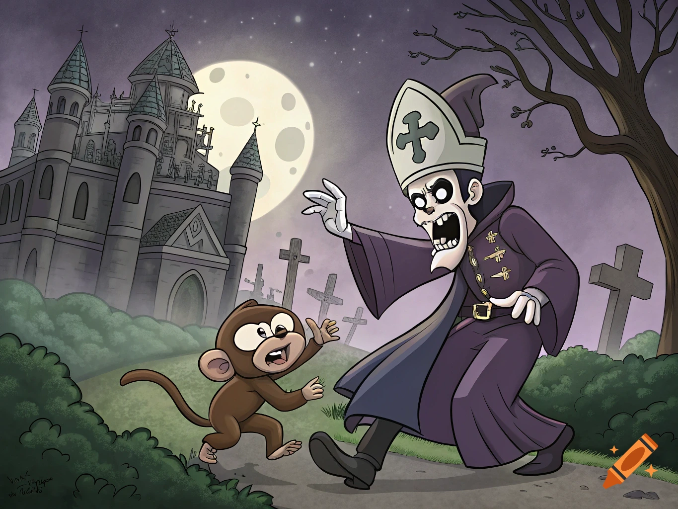 Cartoon character in papal robes and a monkey in a spooky graveyard with a gothic castle under a full moon.