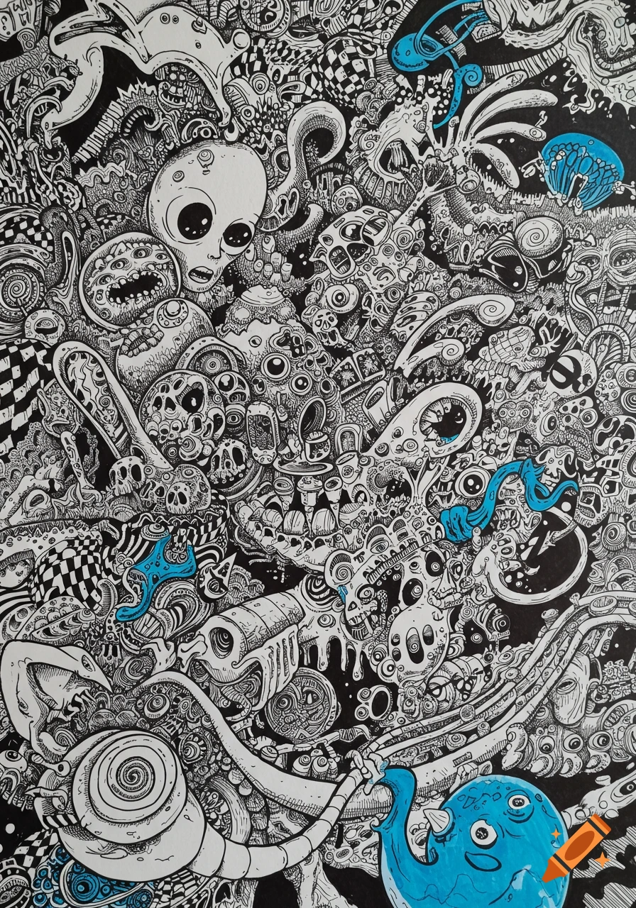 Detailed black and white drawing with blue accents in a grotesque, surreal style.