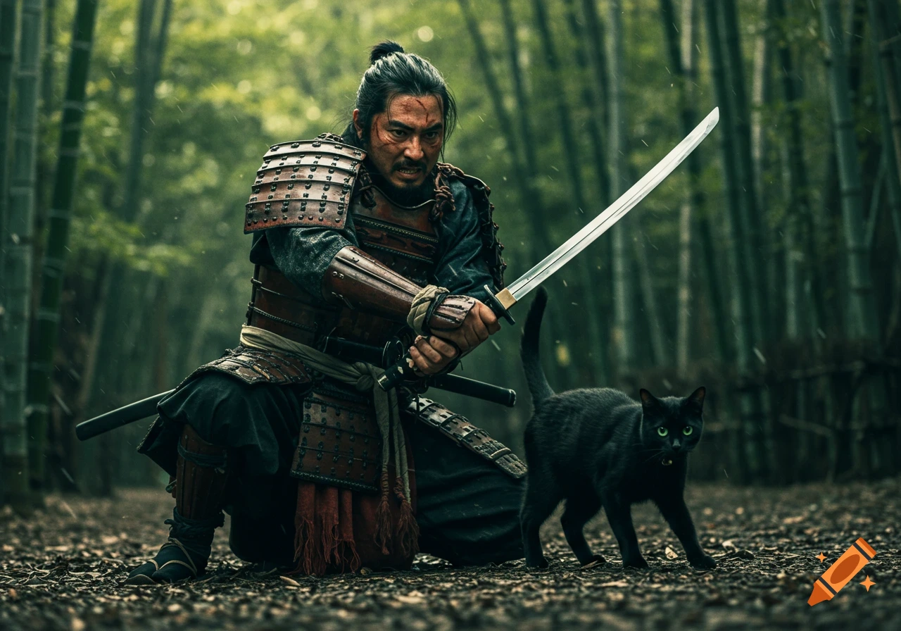 A samurai kneels with a sword drawn next to a black cat in a rainy bamboo forest.