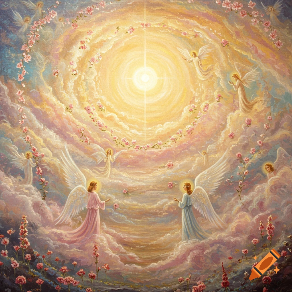 Painting of angels floating in clouds with light and flowers