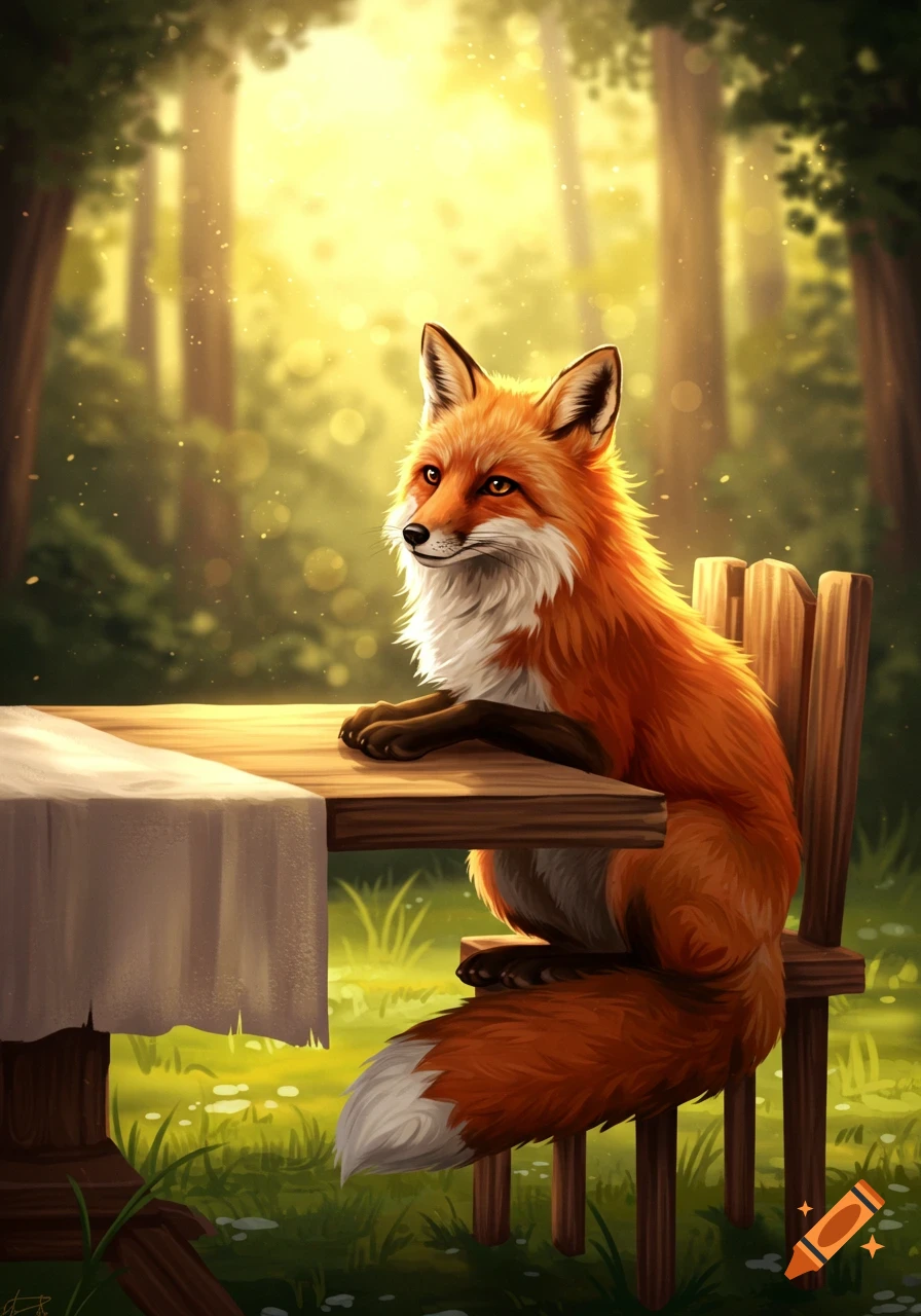 A fox sitting at a table in a sunlit forest.