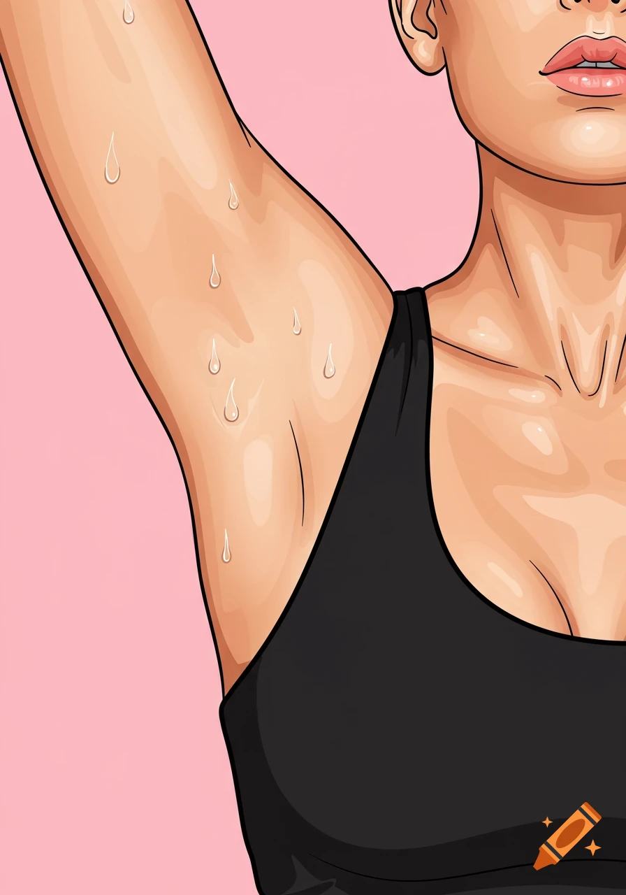 Vector graphic close-up of a woman's sweaty armpit and upper chest in a black tank top.