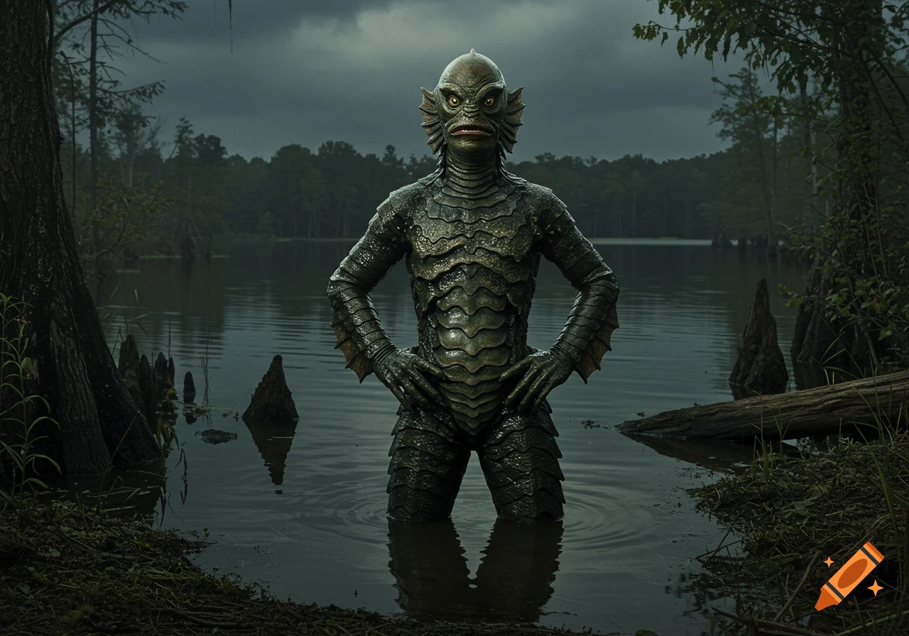 Photorealistic Creature from the Black Lagoon stands in a swamp lake with hands on hips.