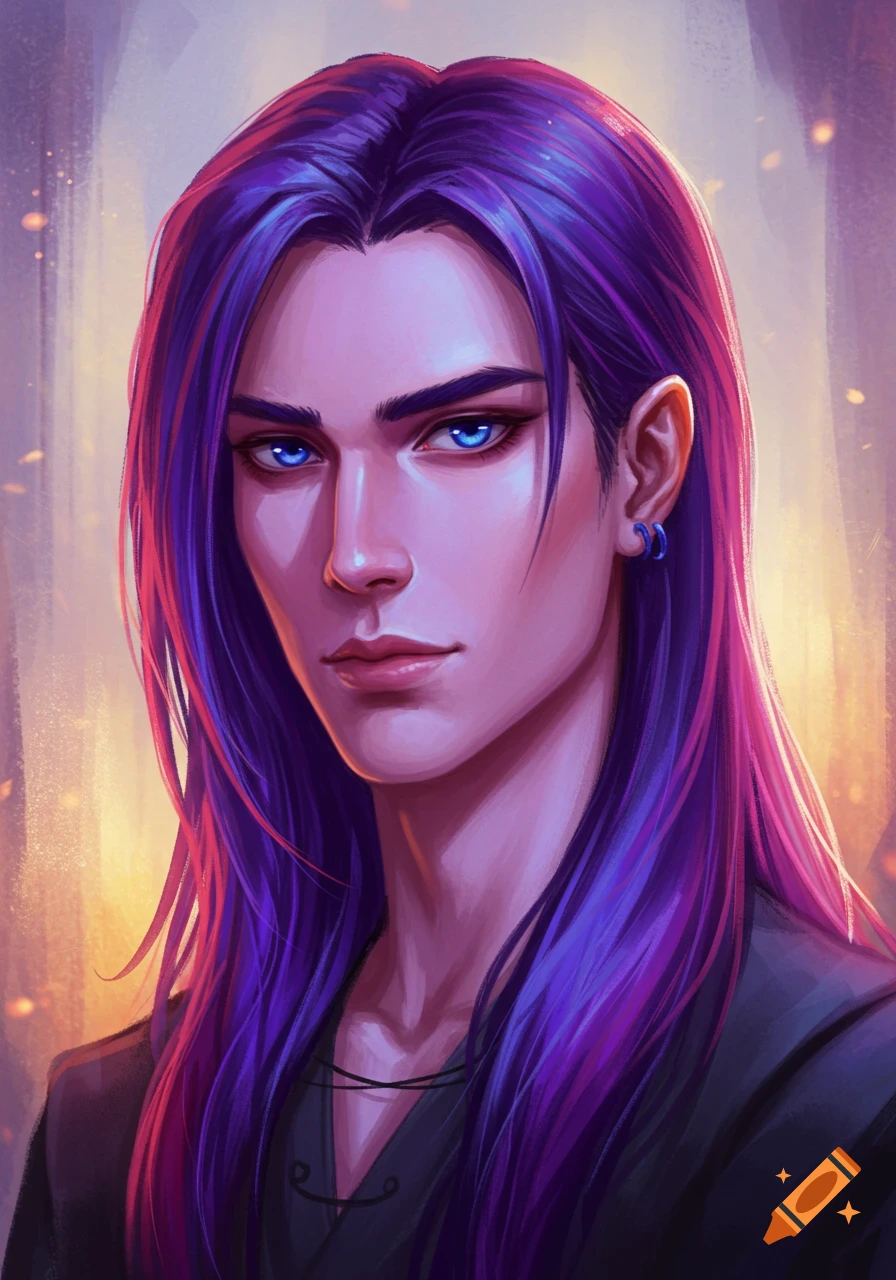 A young man with long purple hair and blue eyes.