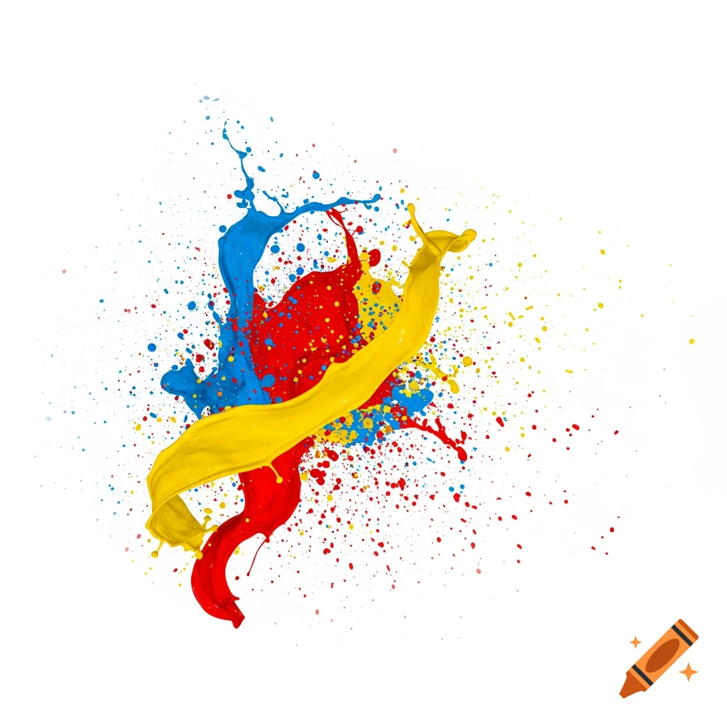 Colorful red, blue, and yellow paint splashes on a white background.