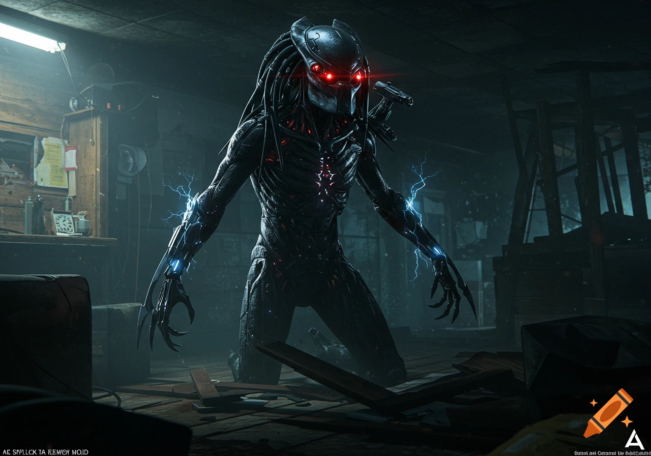 A dark, cybernetic alien creature with glowing red eyes and claws stands in a messy, dark interior, sparks visible on its arms.