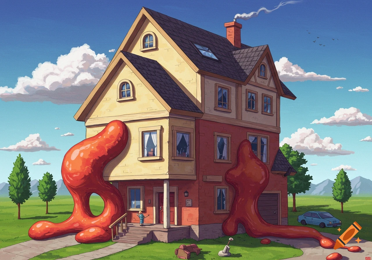 A house with large red blob-like forms emerging from windows and foundations, set in a sunny landscape.