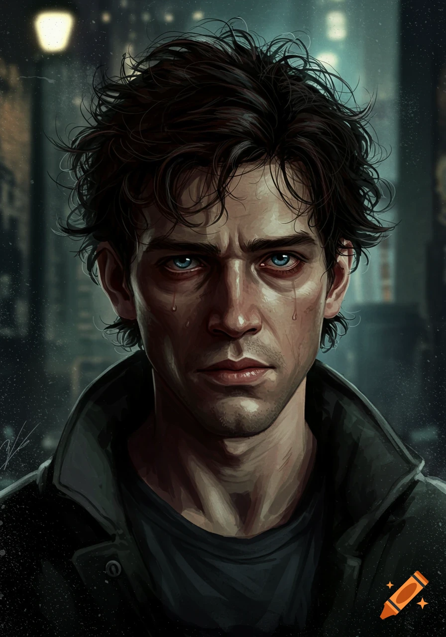 Portrait of a man crying at night.