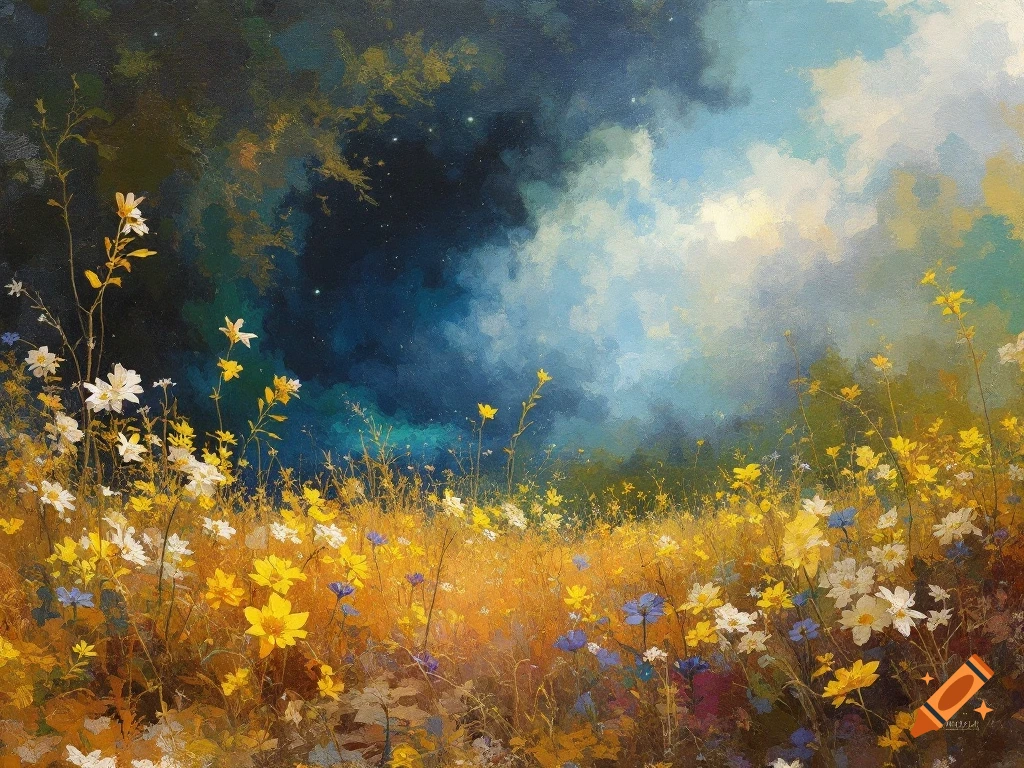 Painterly landscape of a flower field under a dramatic sky