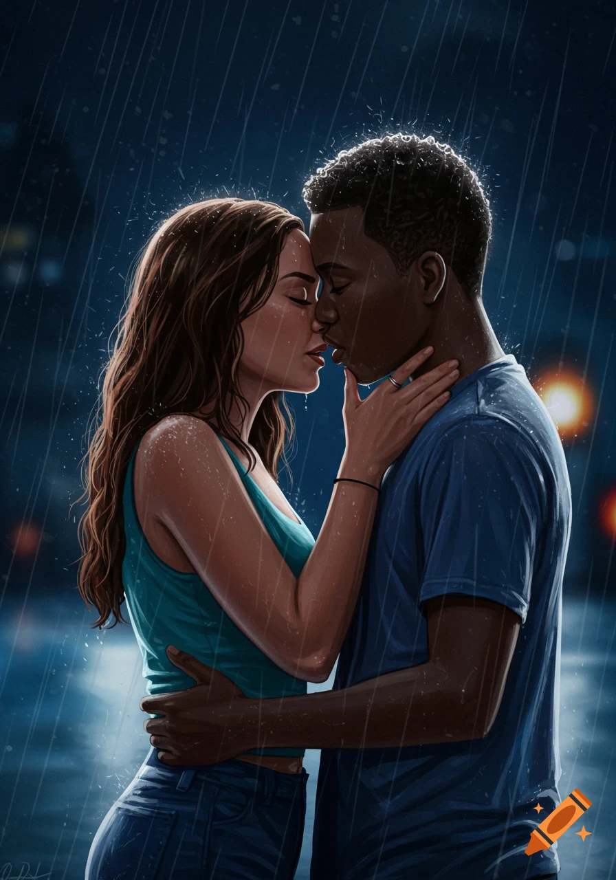 A diverse couple shares an intimate kiss in the rain