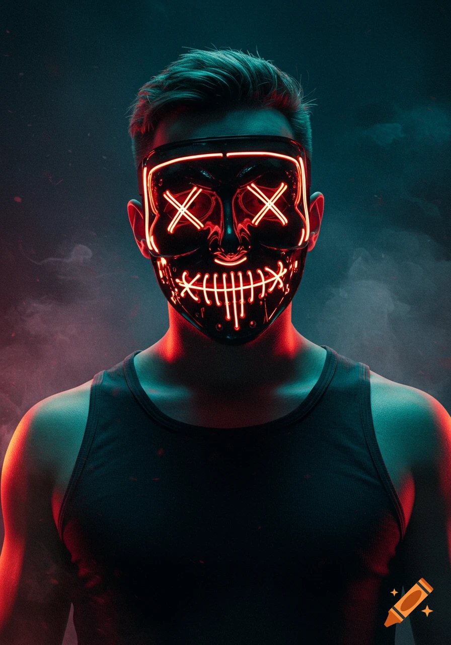 Person in a black tank top wearing an illuminated red LED mask against a dark background.