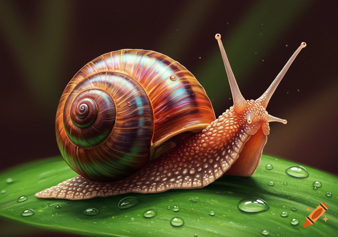 A colorful snail with a detailed shell sits on a green leaf with water droplets.