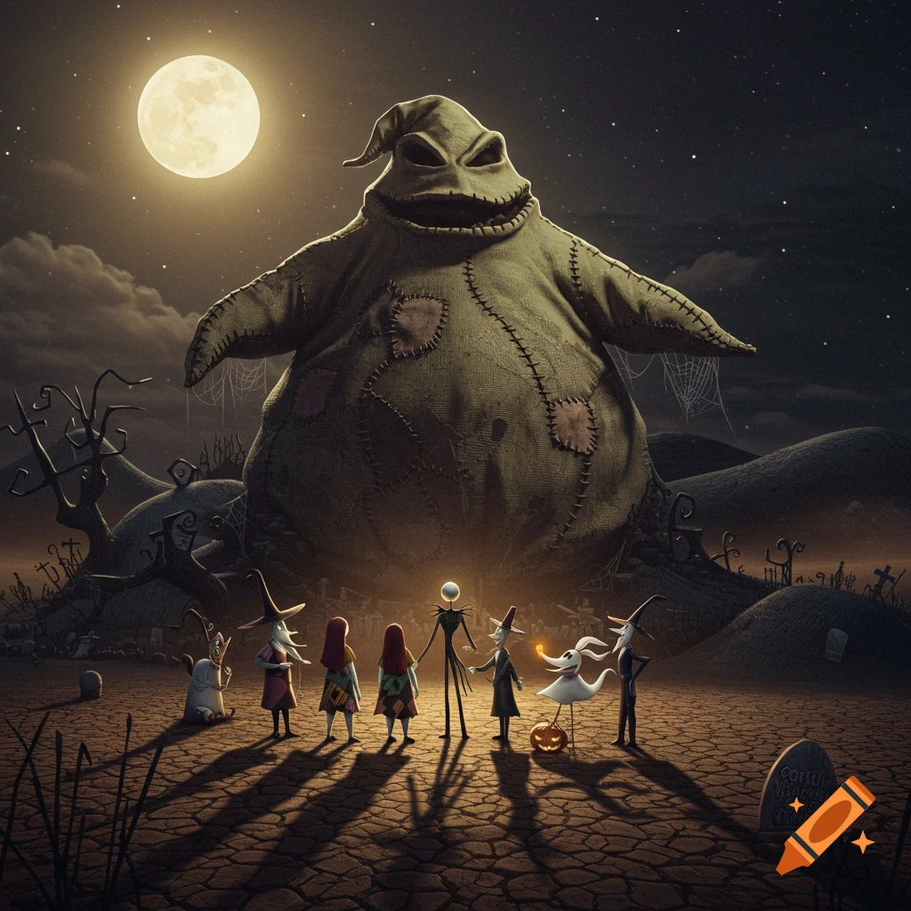 Oogie Boogie as a giant mountain overlooks Jack Skellington and friends in a graveyard at night under a full moon.