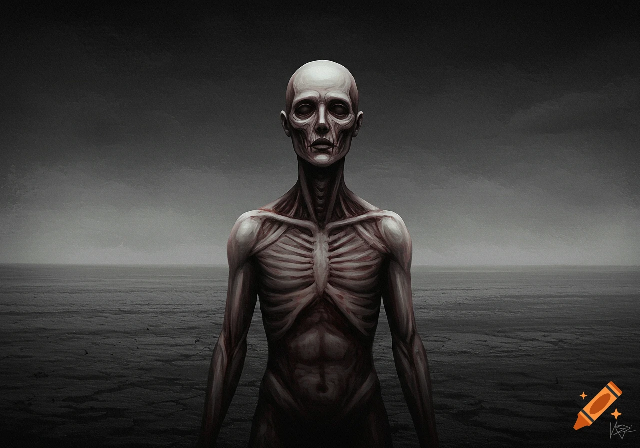 A gaunt, skeletal figure stands facing forward in a dark, bleak landscape with a gray sky and water.